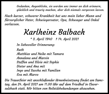 Traueranzeige von Karlheinz Balbach von GESAMT