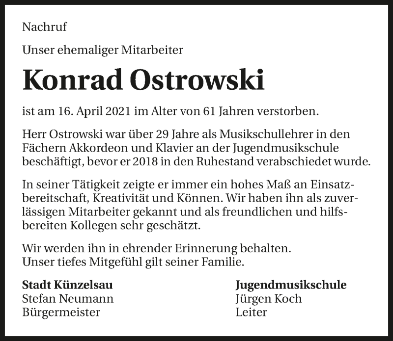  Traueranzeige für Konrad Ostrowski vom 28.04.2021 aus GESAMT