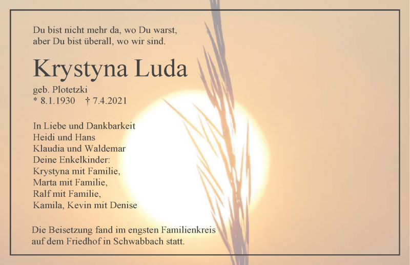  Traueranzeige für Krystyna Luda vom 16.04.2021 aus GESAMT