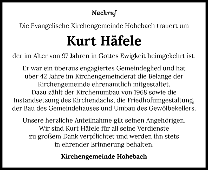  Traueranzeige für Kurt Häfele vom 08.04.2021 aus GESAMT