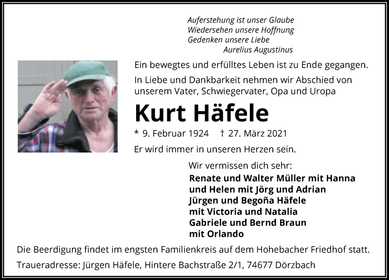  Traueranzeige für Kurt Häfele vom 03.04.2021 aus GESAMT