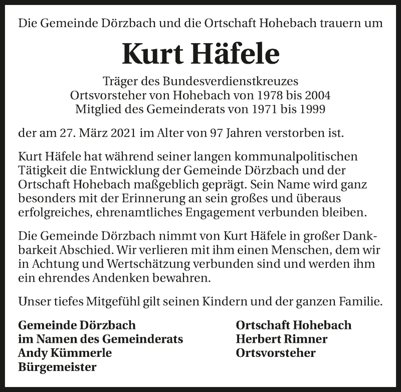  Traueranzeige für Kurt Häfele vom 06.04.2021 aus GESAMT