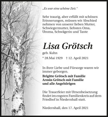 Traueranzeige von Lisa Grötsch von GESAMT