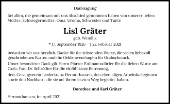 Traueranzeige von Lisl Gräter von GESAMT