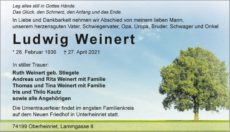 Traueranzeige für Ludwig Weinert vom 30.04.2021 aus GESAMT