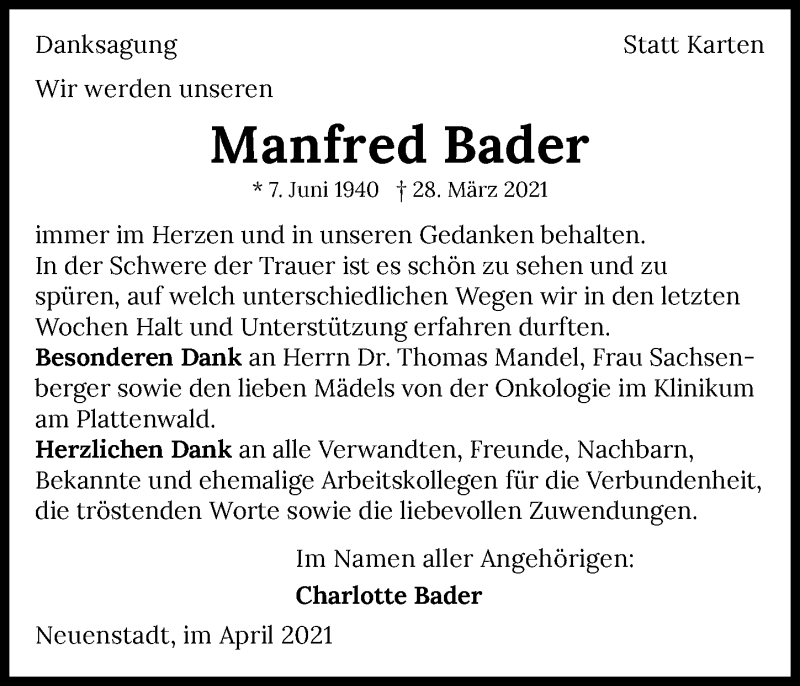  Traueranzeige für Manfred Bader vom 24.04.2021 aus GESAMT