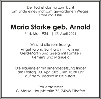 Traueranzeige von Maria Starke von GESAMT