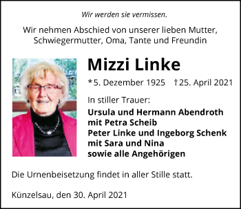 Traueranzeige von Mizzi Linke von GESAMT