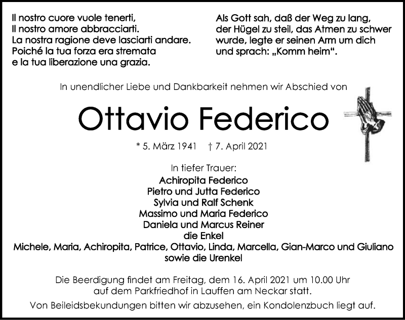  Traueranzeige für Ottavio Federico vom 10.04.2021 aus GESAMT