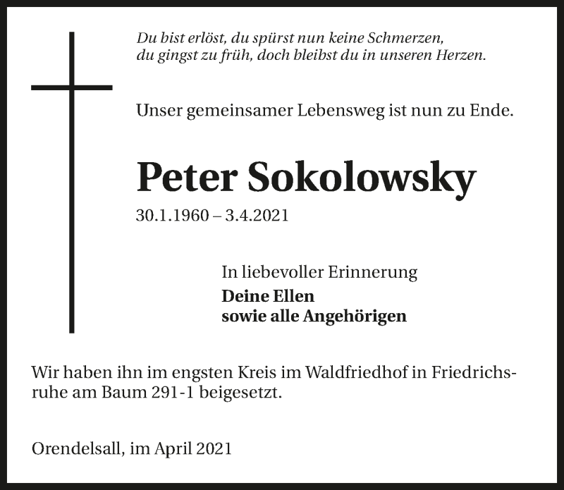  Traueranzeige für Peter Sokolowsky vom 16.04.2021 aus GESAMT