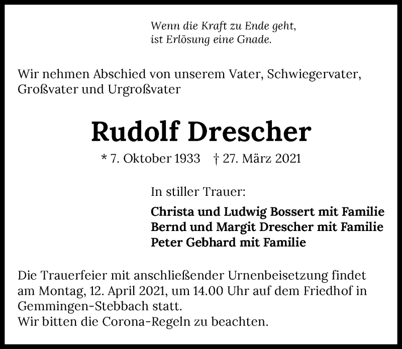  Traueranzeige für Rudolf Drescher vom 09.04.2021 aus GESAMT