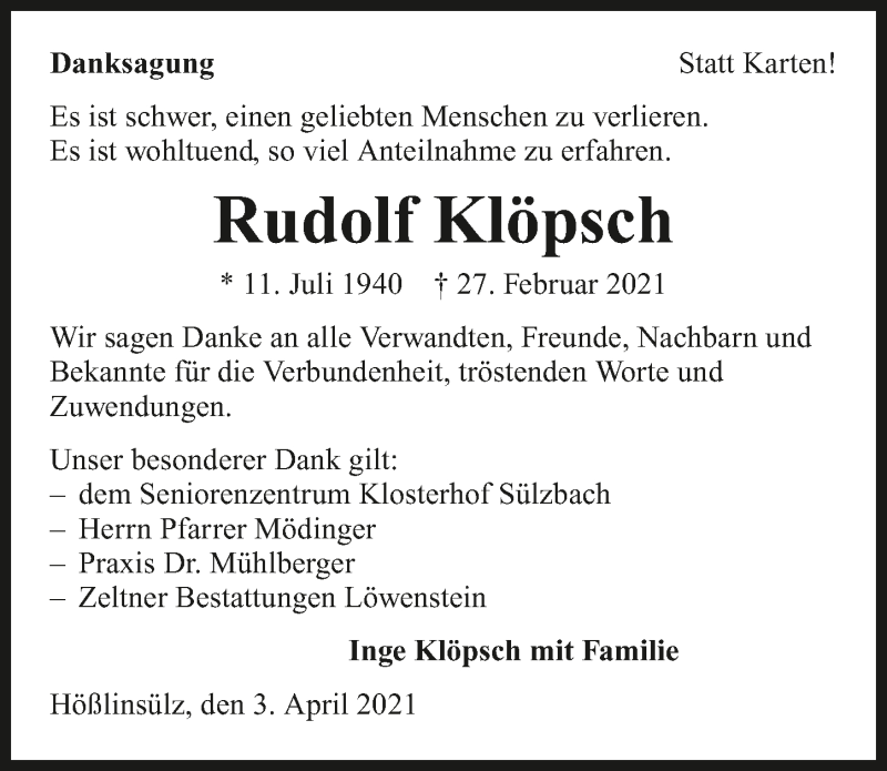  Traueranzeige für Rudolf Klöpsch vom 03.04.2021 aus GESAMT