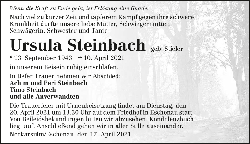  Traueranzeige für Ursula Steinbach vom 17.04.2021 aus GESAMT