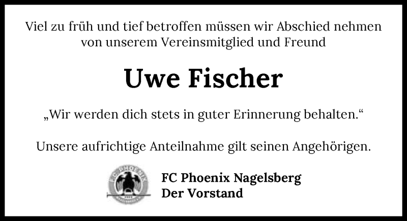  Traueranzeige für Uwe Fischer vom 29.04.2021 aus GESAMT