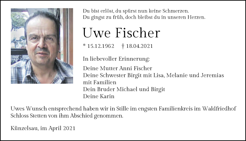 Traueranzeige für Uwe Fischer vom 29.04.2021 aus GESAMT