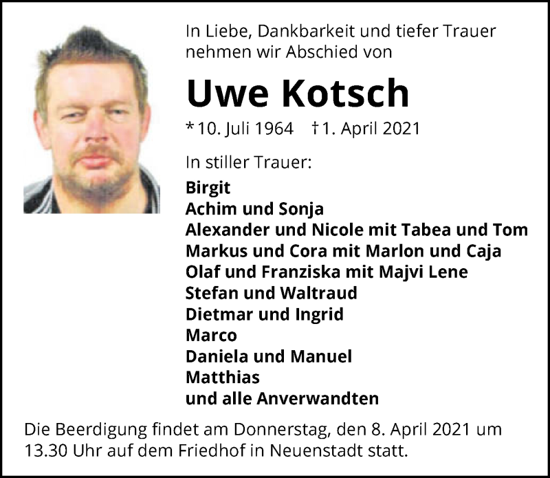  Traueranzeige für Uwe Kotsch vom 07.04.2021 aus GESAMT