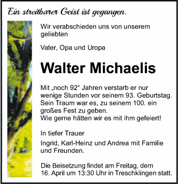 Traueranzeige von Walter Michaelis von GESAMT