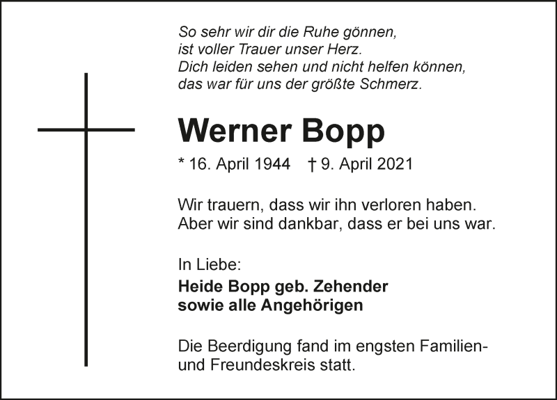  Traueranzeige für Werner Bopp vom 17.04.2021 aus GESAMT