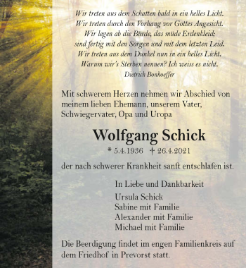 Traueranzeige von Wolfgang Schick von GESAMT