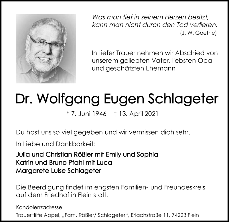  Traueranzeige für Wolfgang Eugen Schlageter vom 17.04.2021 aus GESAMT