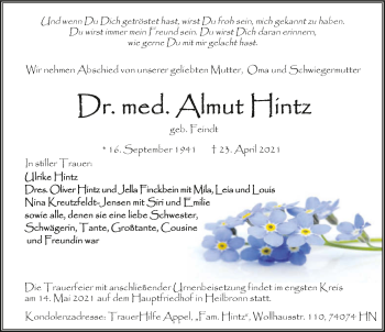 Traueranzeige von Almut Hintz von GESAMT