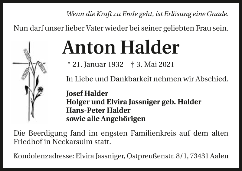  Traueranzeige für Anton Halder vom 08.05.2021 aus GESAMT