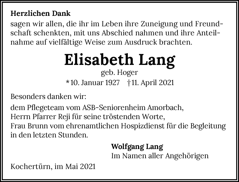 Traueranzeige für Elisabeth Lang vom 05.05.2021 aus GESAMT
