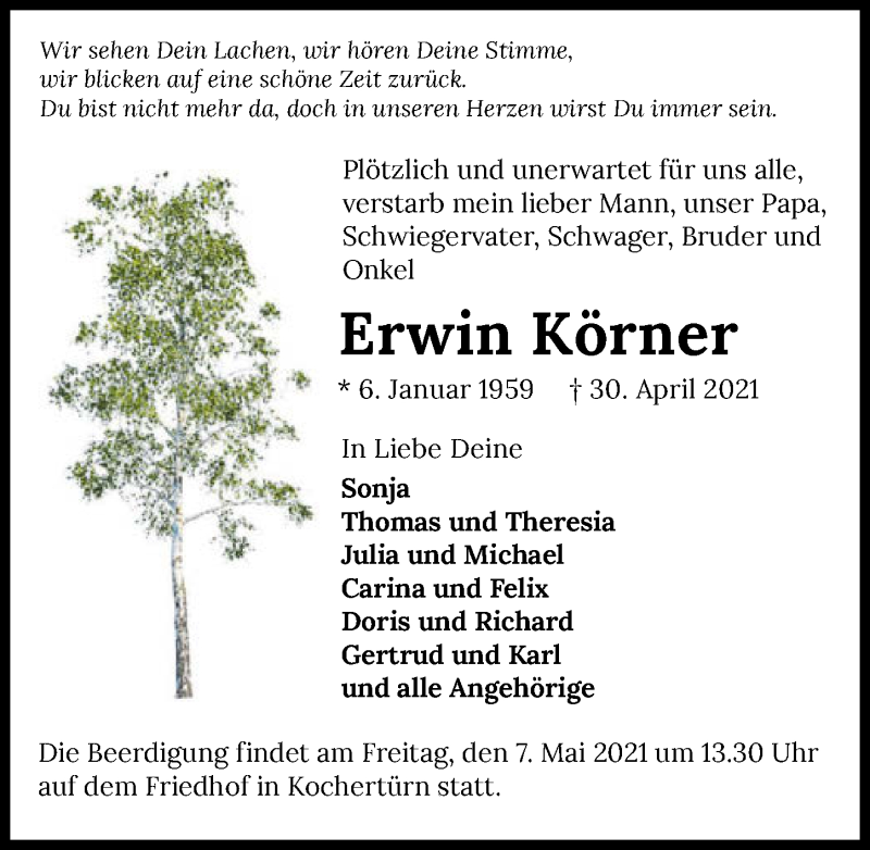  Traueranzeige für Erwin Körner vom 05.05.2021 aus GESAMT