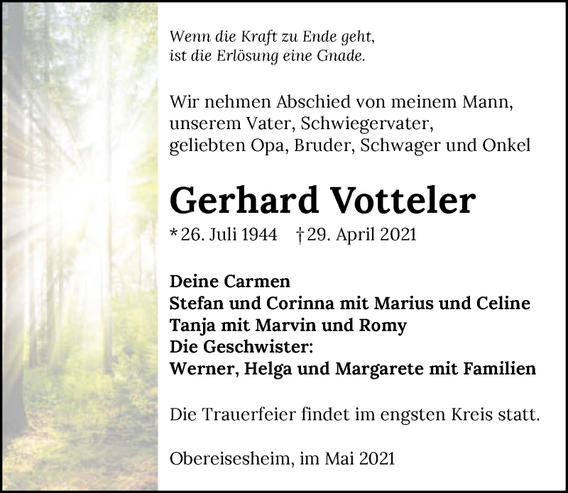  Traueranzeige für Gerhard Votteler vom 05.05.2021 aus GESAMT