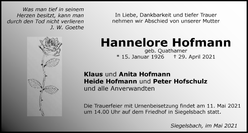  Traueranzeige für Hannelore Hofmann vom 05.05.2021 aus GESAMT