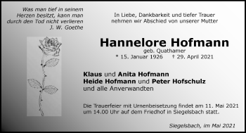 Traueranzeige von Hannelore Hofmann von GESAMT