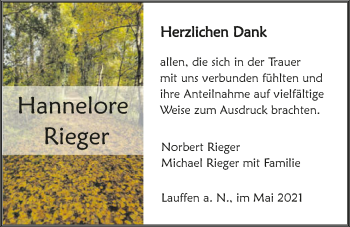 Traueranzeige von Hannelore Rieger von GESAMT