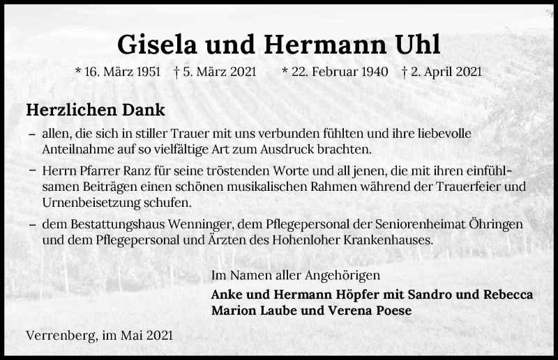  Traueranzeige für Hermann Uhl vom 08.05.2021 aus GESAMT