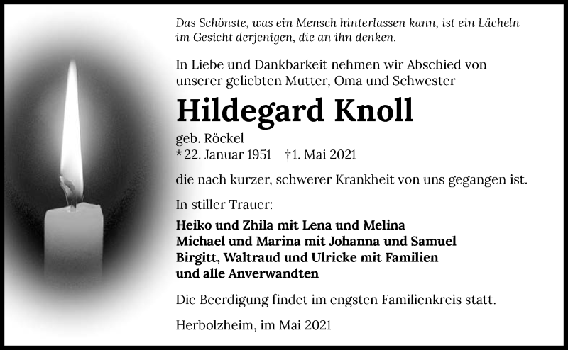  Traueranzeige für Hildegard Knoll vom 04.05.2021 aus GESAMT