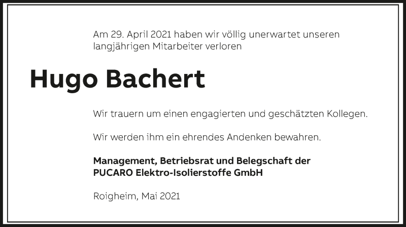  Traueranzeige für Hugo Bachert vom 08.05.2021 aus GESAMT