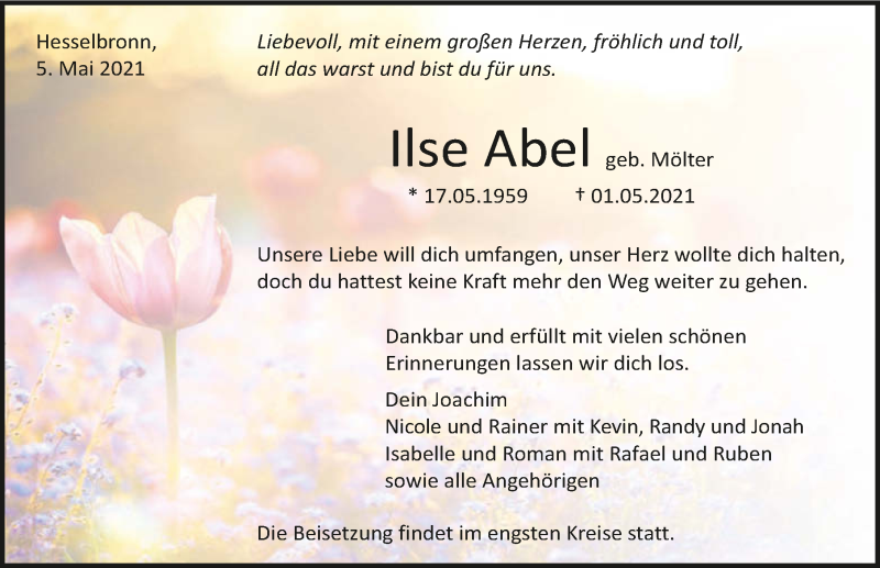  Traueranzeige für Ilse Abel vom 05.05.2021 aus GESAMT