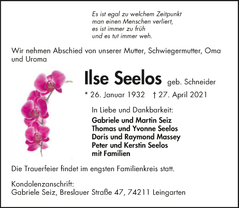  Traueranzeige für Ilse Seelos vom 05.05.2021 aus GESAMT