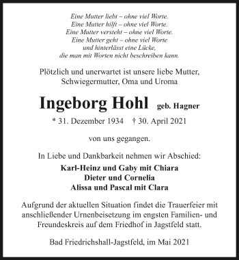 Traueranzeige von Ingeborg Hohl von GESAMT