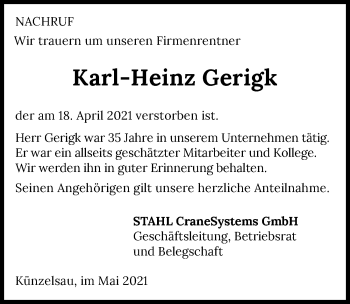 Traueranzeige von Karl-Heinz Gerigk von GESAMT