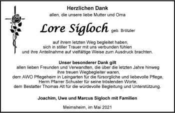 Traueranzeige von Lore Sigloch von GESAMT