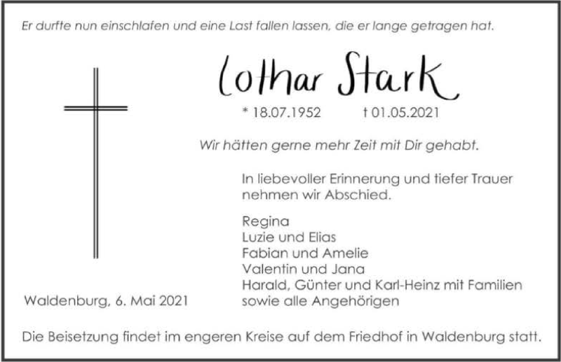  Traueranzeige für Lothar Stark vom 06.05.2021 aus GESAMT