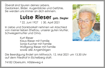 Traueranzeige von Luise Rieser von GESAMT