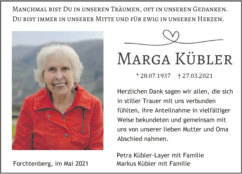  Traueranzeige für Marga Kübler vom 08.05.2021 aus GESAMT