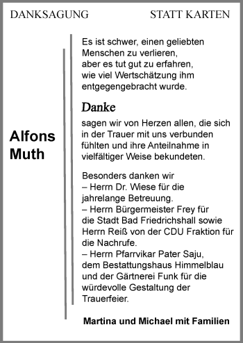 Traueranzeige von Alfons Muth von GESAMT