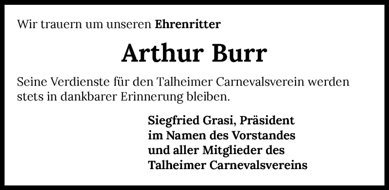  Traueranzeige für Arthur Burr vom 27.05.2021 aus GESAMT
