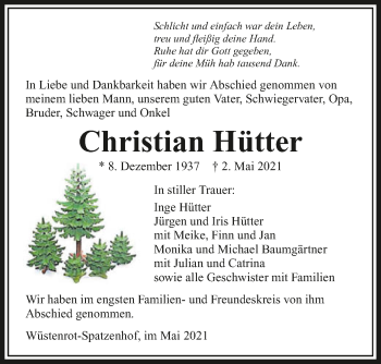 Traueranzeige von Christian Hütter von GESAMT