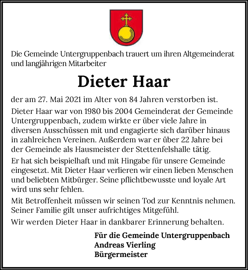  Traueranzeige für Dieter Haar vom 29.05.2021 aus GESAMT