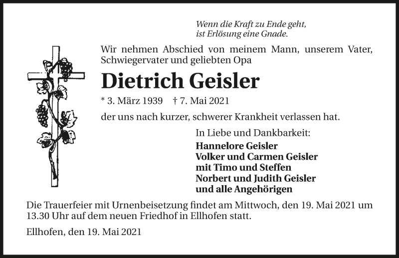  Traueranzeige für Dietrich Geisler vom 19.05.2021 aus GESAMT
