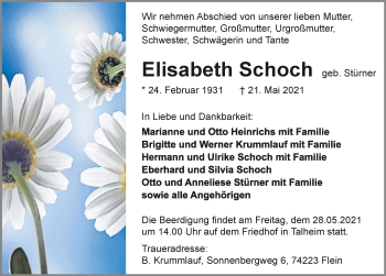 Traueranzeige von Elisabeth Schoch von GESAMT