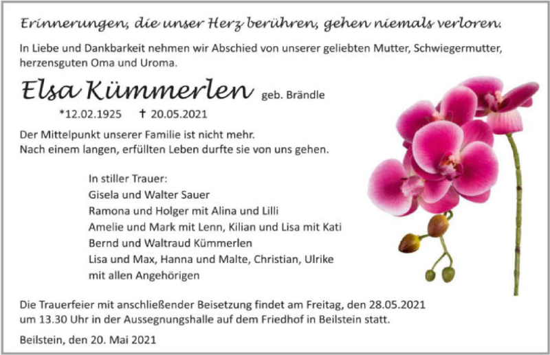  Traueranzeige für Elsa Kümmerlen vom 25.05.2021 aus GESAMT